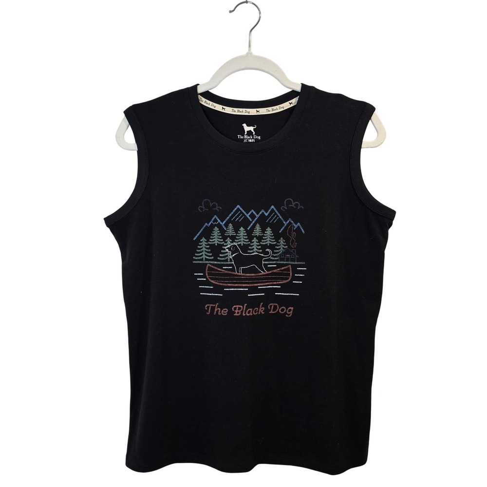 The Black Dog Muscle Tank Top Women Small Black Canoe Mountain Graphic Tee